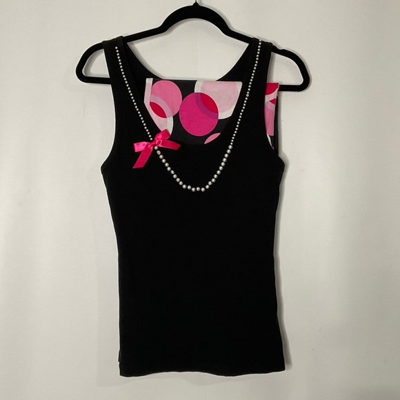 Victoria’s Secret PJ Set; Black Ribbed Tank Faux Pearls/Bow; Pink Circle Pants M - Picture 6 of 16